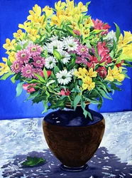 Blomster på marmor (akvarell og voks på papir)